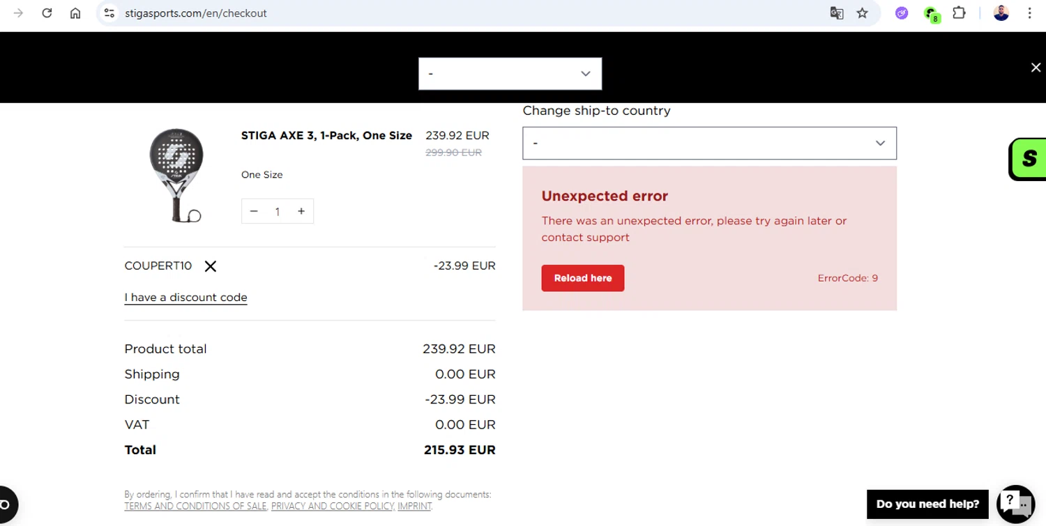 STIGA Sports checkout page showing STIGA Sports discount code box | Screenshot taken by SimplyCodes community member on Nov 26, 2025