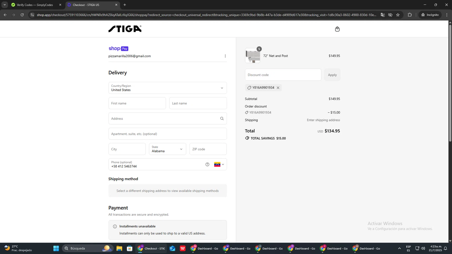 Stiga US promo code screenshot showing code Y816A9901934 applied at Stiga US checkout page. Uploaded by SimplyCodes community member AVAMUSTANG on Jul 21, 2025