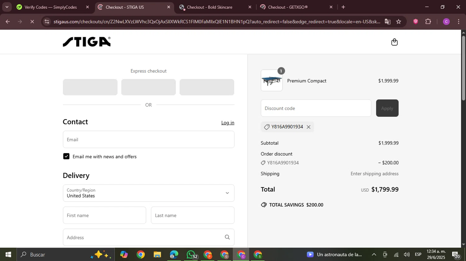 Stiga US promo code screenshot showing code Y816A9901934 applied at Stiga US checkout page. Uploaded by SimplyCodes community member FrugalPro5078 on Jun 29, 2025