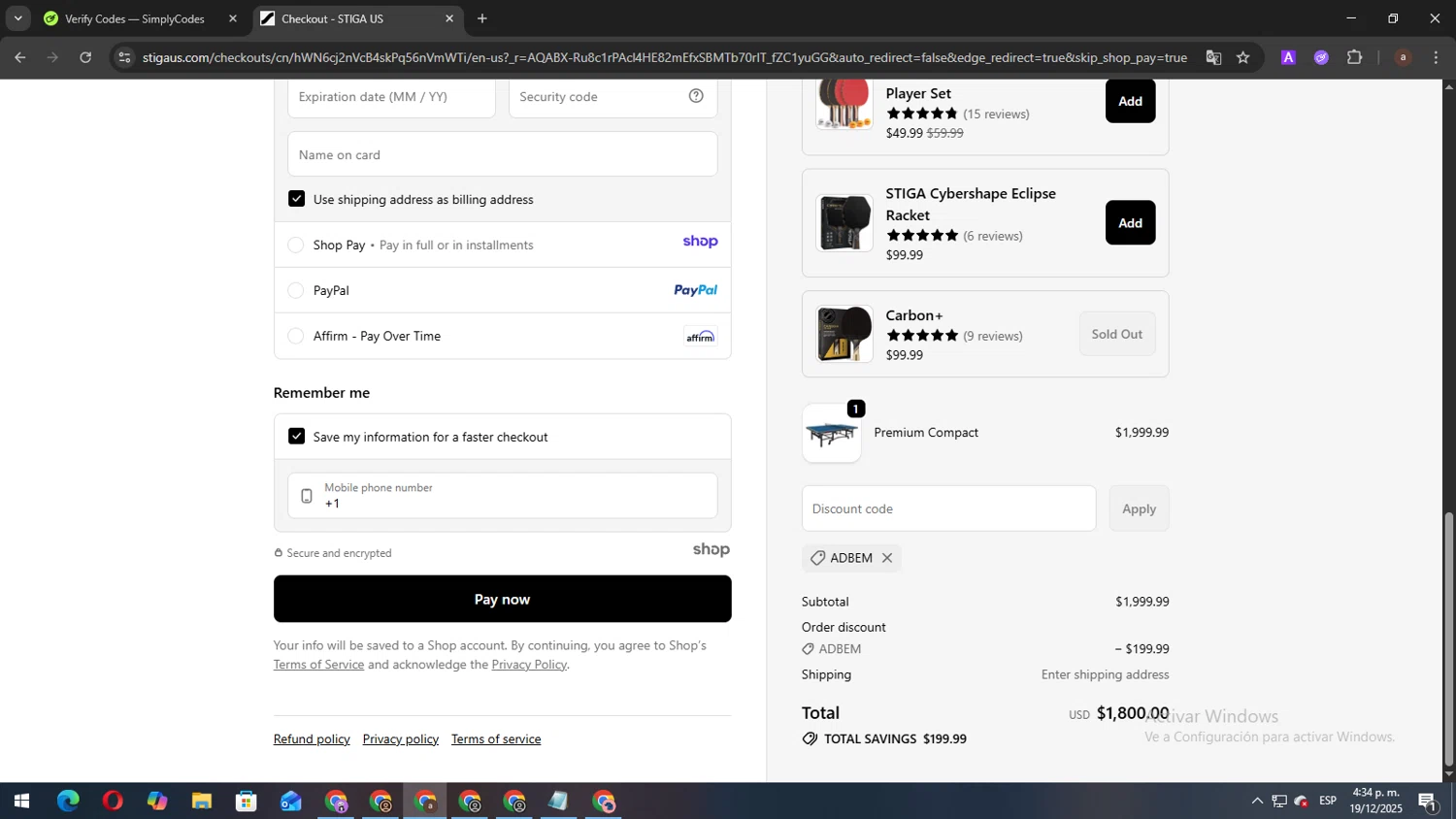 Stiga US promo code screenshot showing code ADBEM applied at Stiga US checkout page. Uploaded by SimplyCodes community member BukayoSaka on Dec 19, 2025