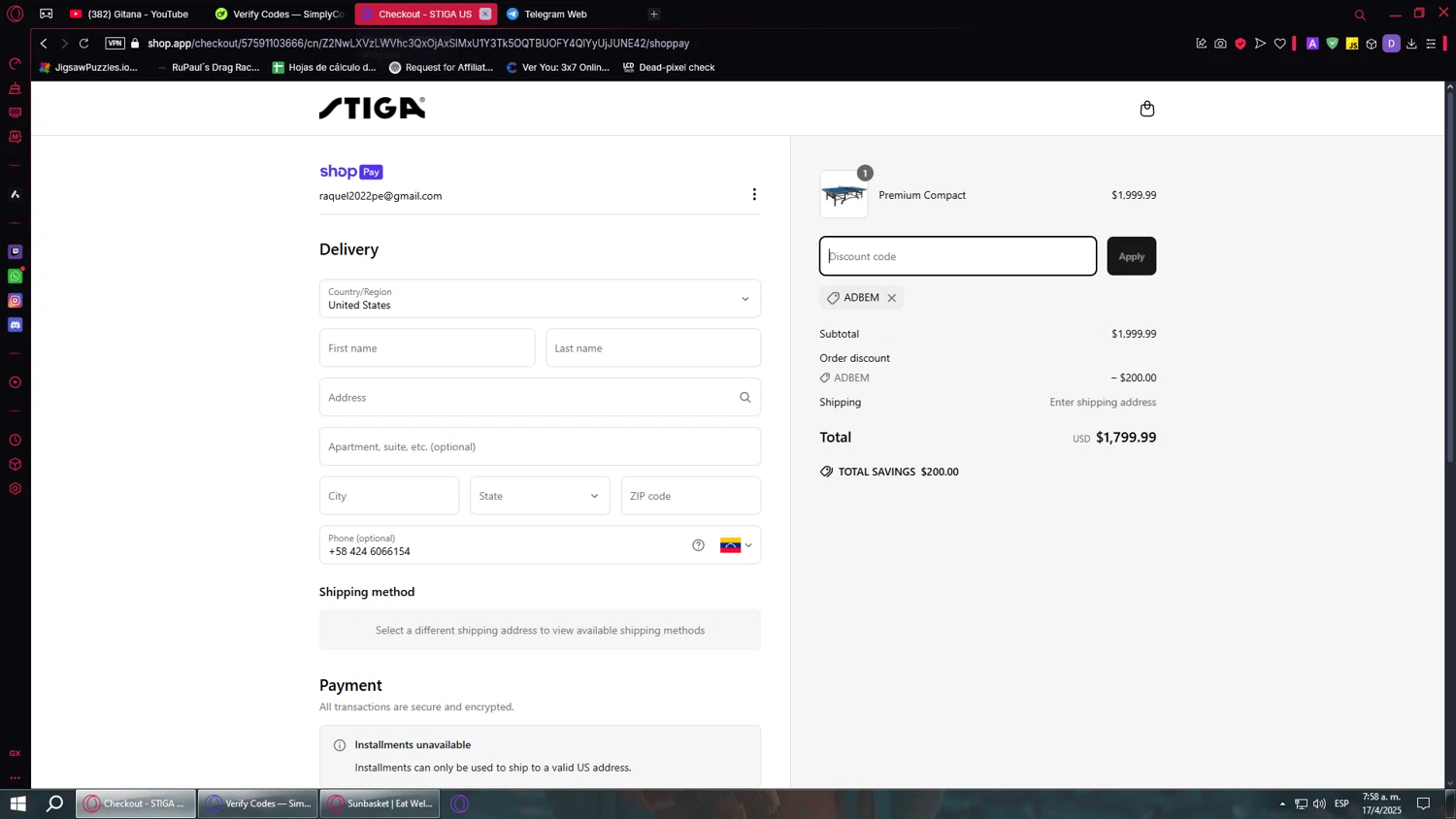 Stiga US promo code screenshot showing code ADBEM applied at Stiga US checkout page. Uploaded by SimplyCodes community member WalterWhite on Apr 17, 2025