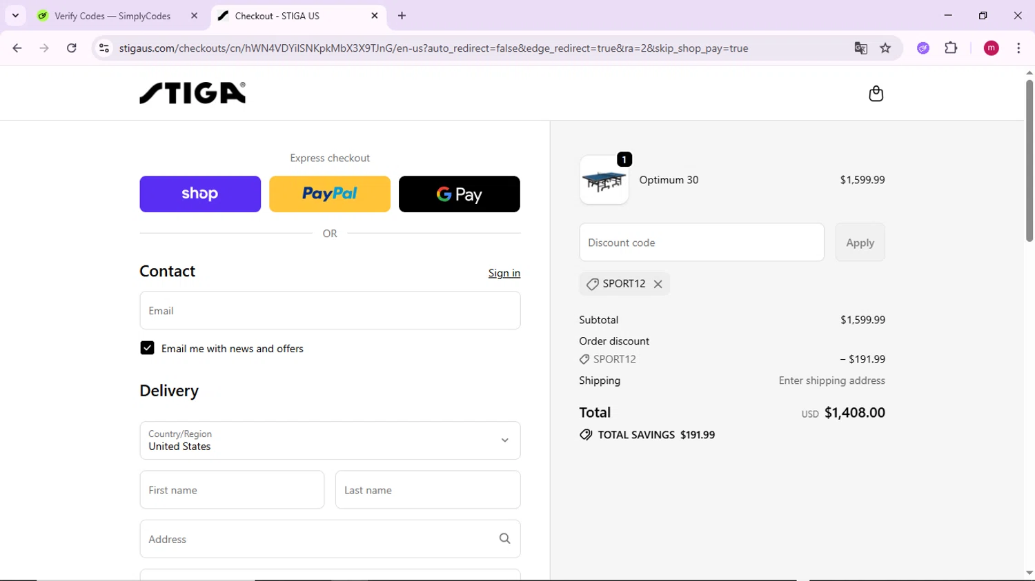 Stiga US promo code screenshot showing code SPORT12 applied at Stiga US checkout page. Uploaded by SimplyCodes community member PrimeSage7080 on Oct 24, 2025