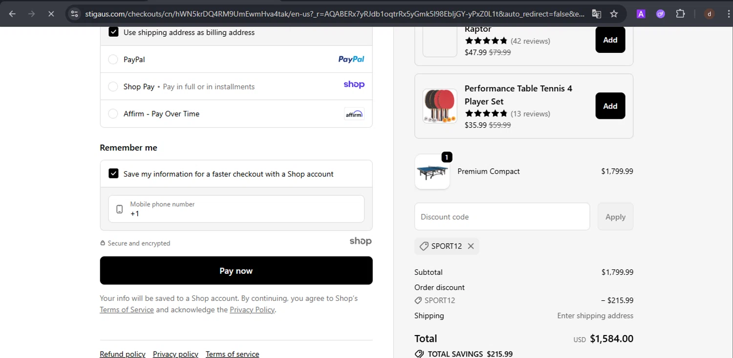 Stiga US promo code screenshot showing code SPORT12 applied at Stiga US checkout page. Uploaded by SimplyCodes community member VoucherSpotter9376 on Nov 26, 2025