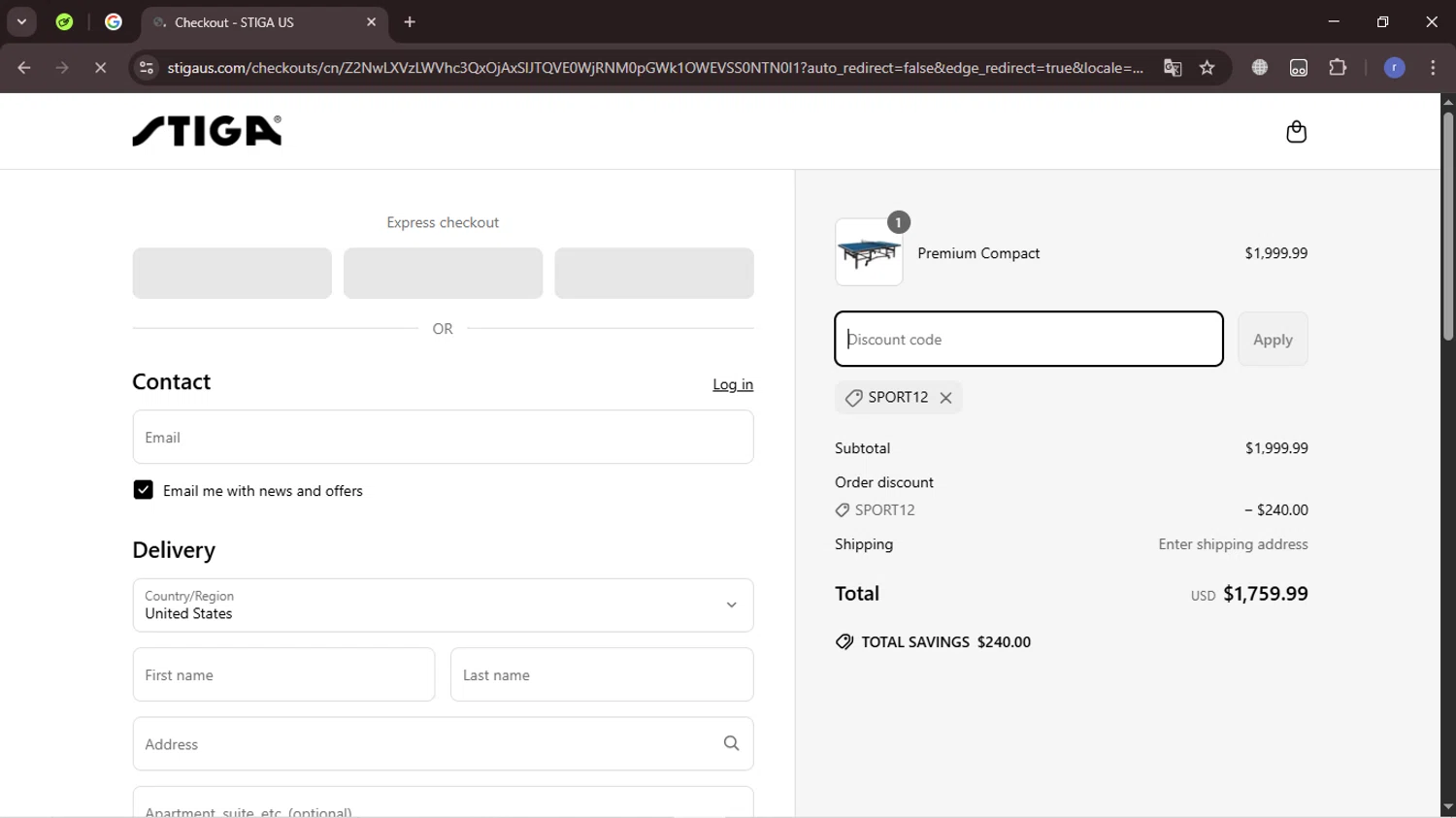 Stiga US promo code screenshot showing code SPORT12 applied at Stiga US checkout page. Uploaded by SimplyCodes community member Noahkanst on Apr 14, 2025