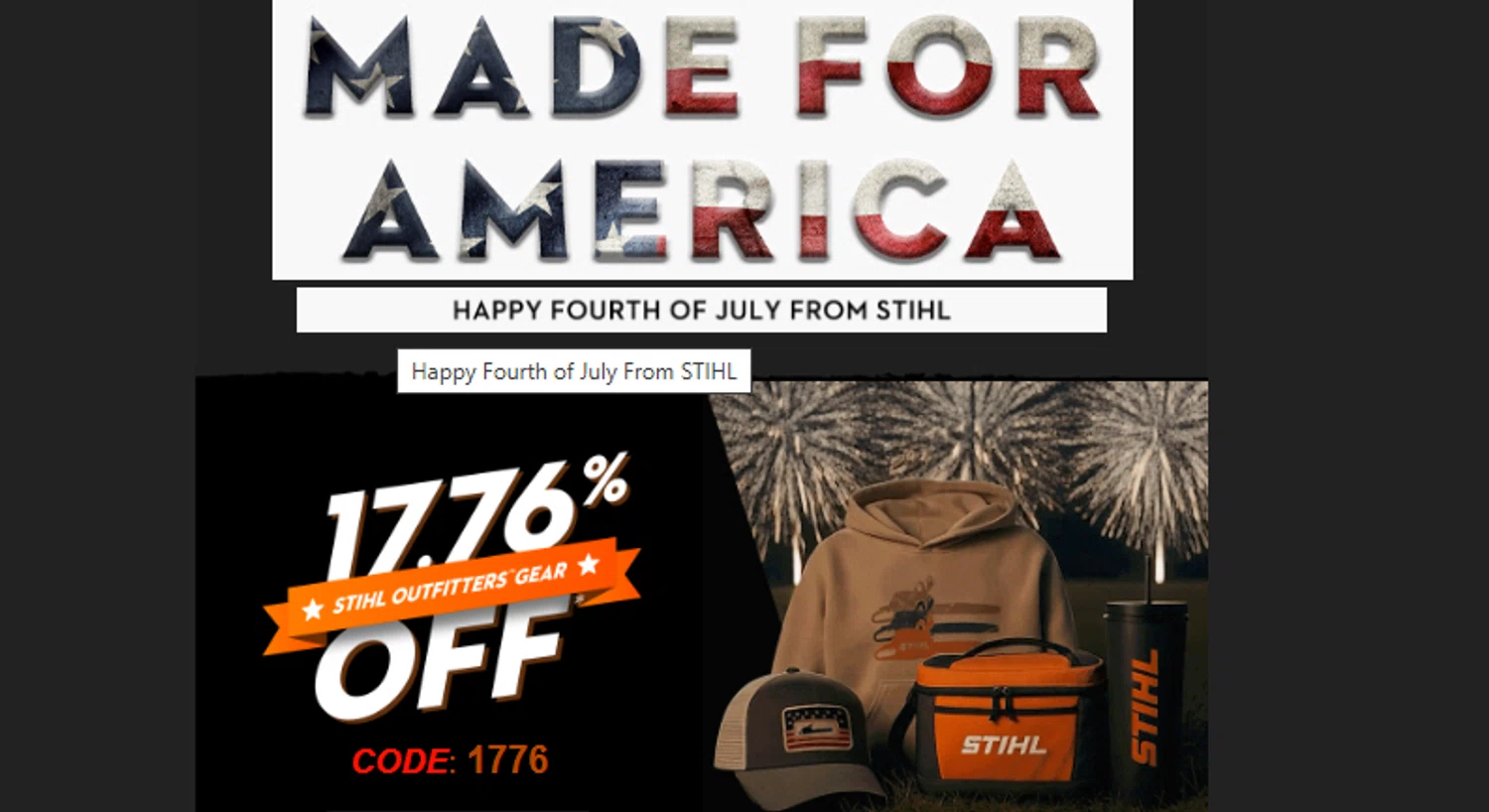 STIHL USA promo code screenshot showing code 1776 applied at STIHL USA checkout page. Uploaded by SimplyCodes community member 111111 on Jul 5, 2025