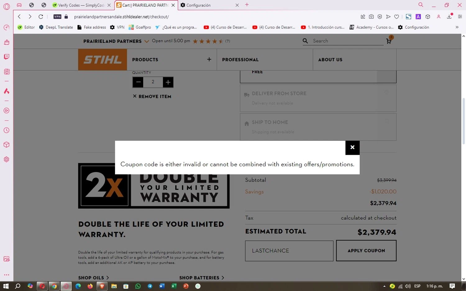 STIHL USA checkout page showing STIHL USA promo code box | Screenshot taken by SimplyCodes community member on Dec 25, 2024