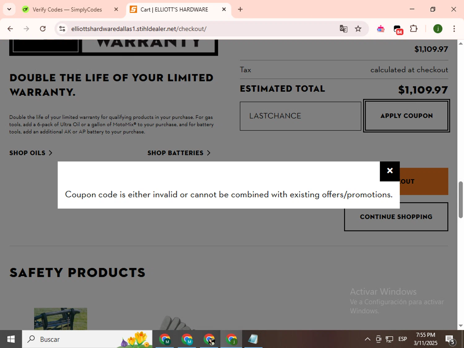 STIHL USA promo code screenshot showing code LASTCHANCE applied at STIHL USA checkout page. Uploaded by SimplyCodes community member SavingsCollector2592 on Mar 11, 2025
