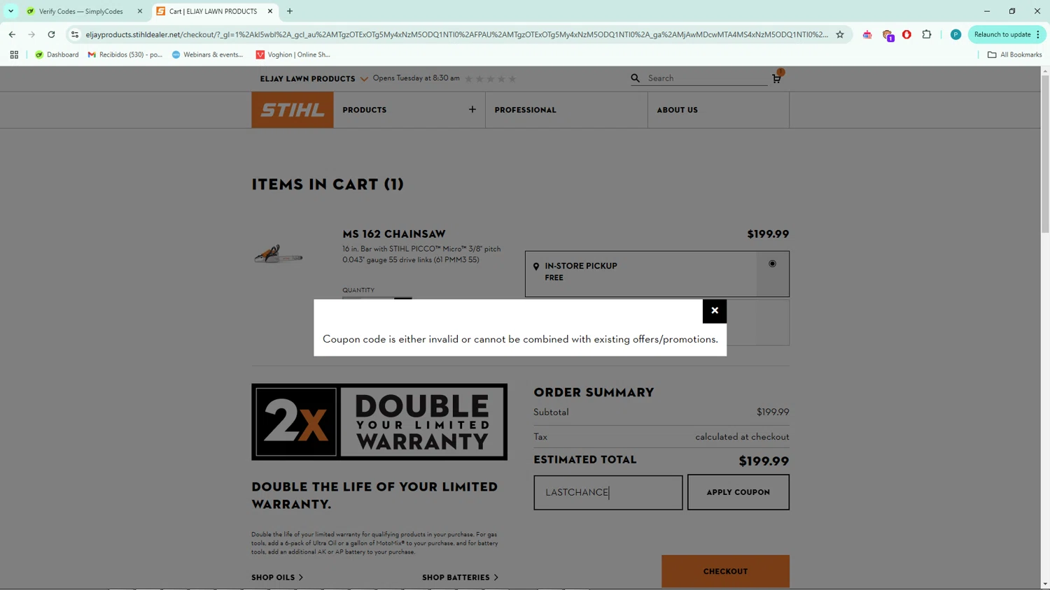 STIHL USA promo code screenshot showing code LASTCHANCE applied at STIHL USA checkout page. Uploaded by SimplyCodes community member BargainSage1407 on Feb 18, 2025