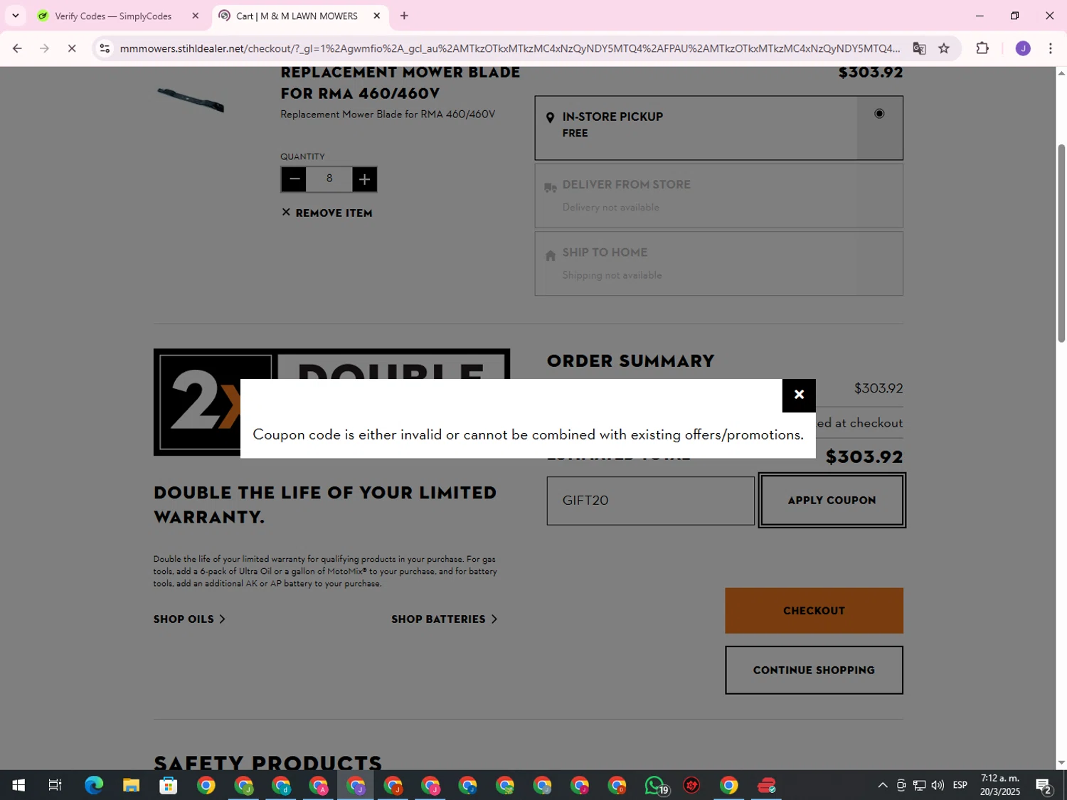 STIHL USA promo code screenshot showing code GIFT20 applied at STIHL USA checkout page. Uploaded by SimplyCodes community member ValueHero2277 on Mar 20, 2025