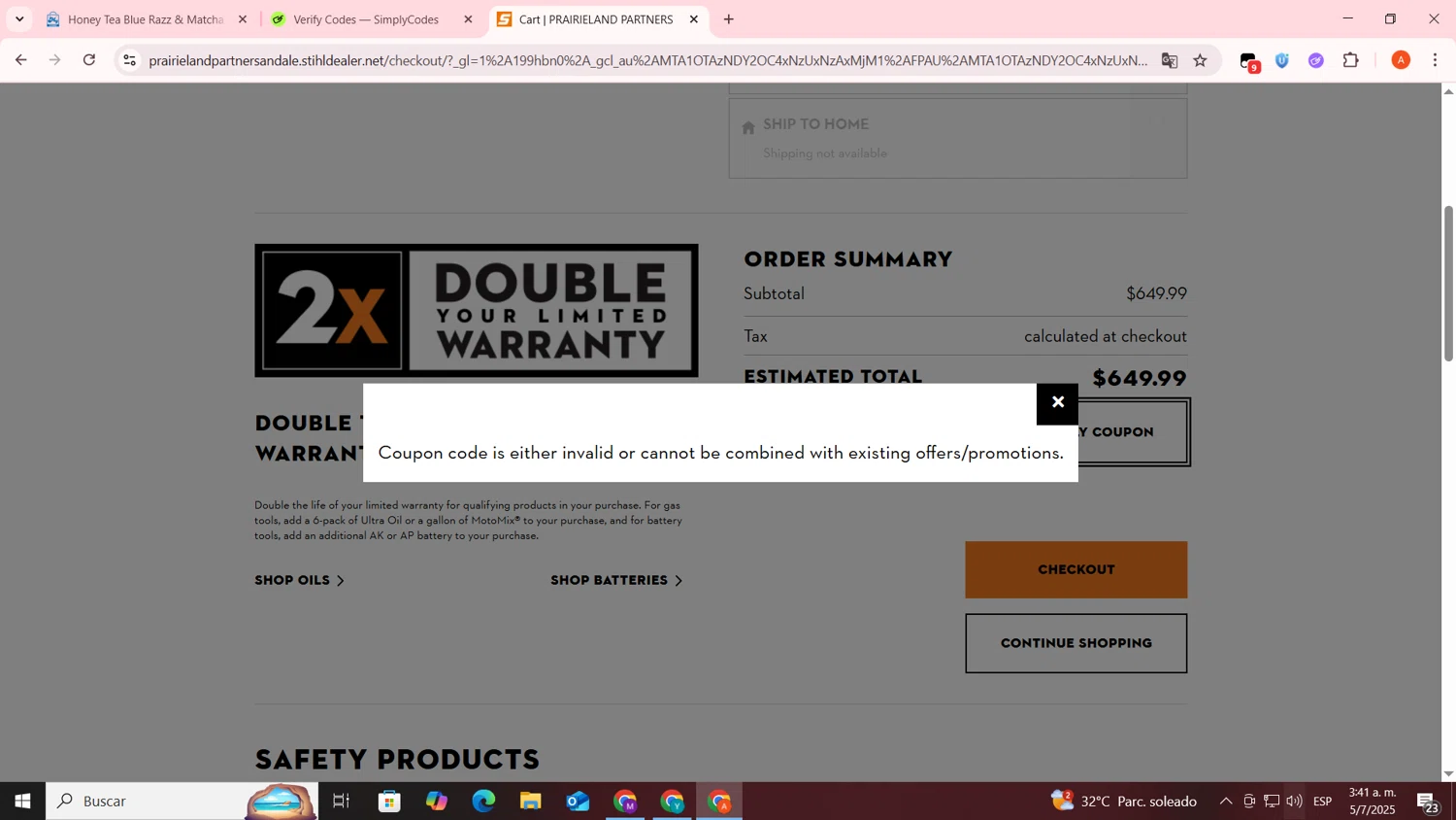 STIHL USA promo code screenshot showing code 1776 applied at STIHL USA checkout page. Uploaded by SimplyCodes community member FrugalSentinel6206 on Jul 5, 2025
