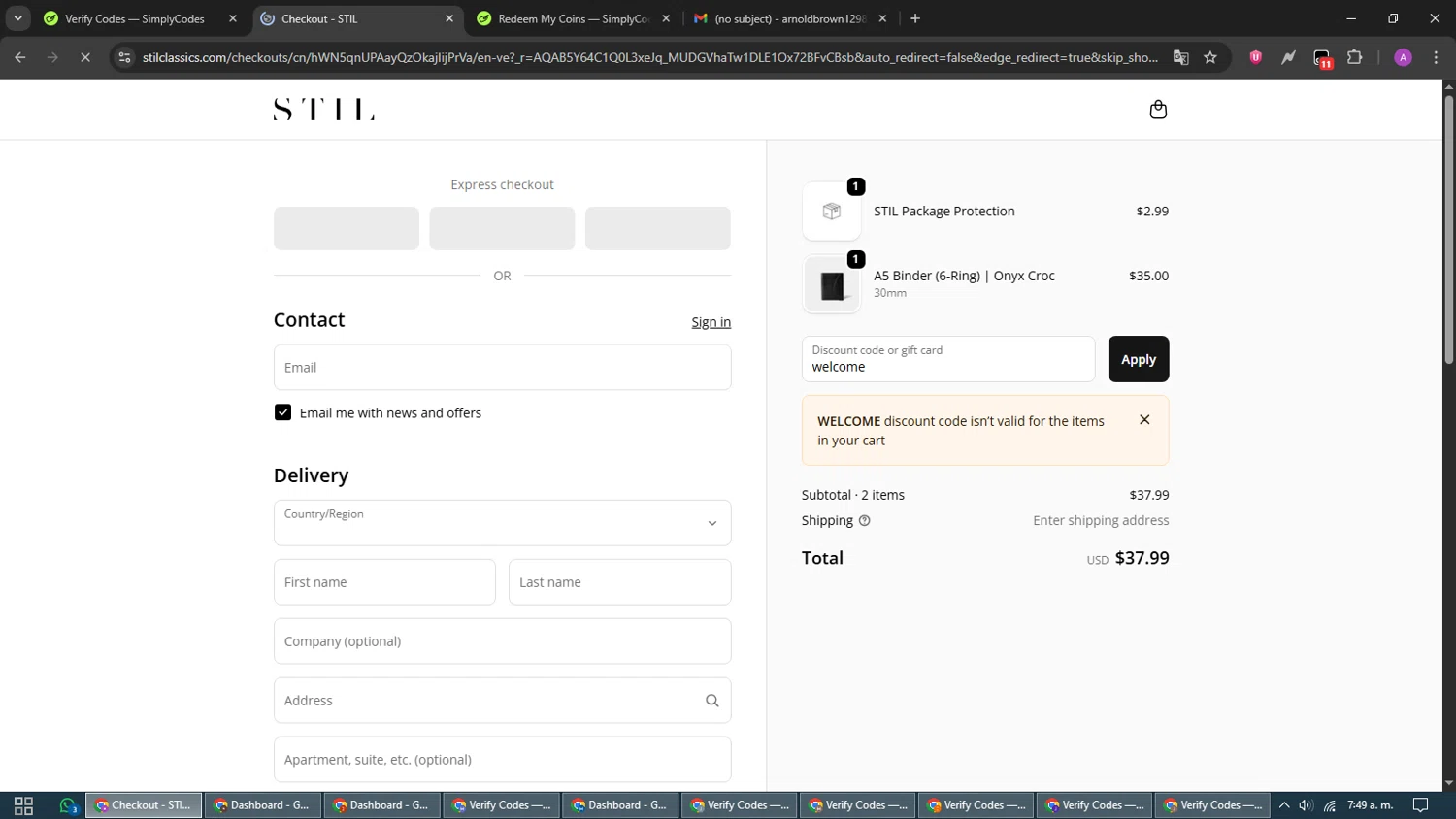 STIL Classics promo code screenshot showing code welcome applied at STIL Classics checkout page. Uploaded by SimplyCodes community member CouponScout5403 on Nov 29, 2025