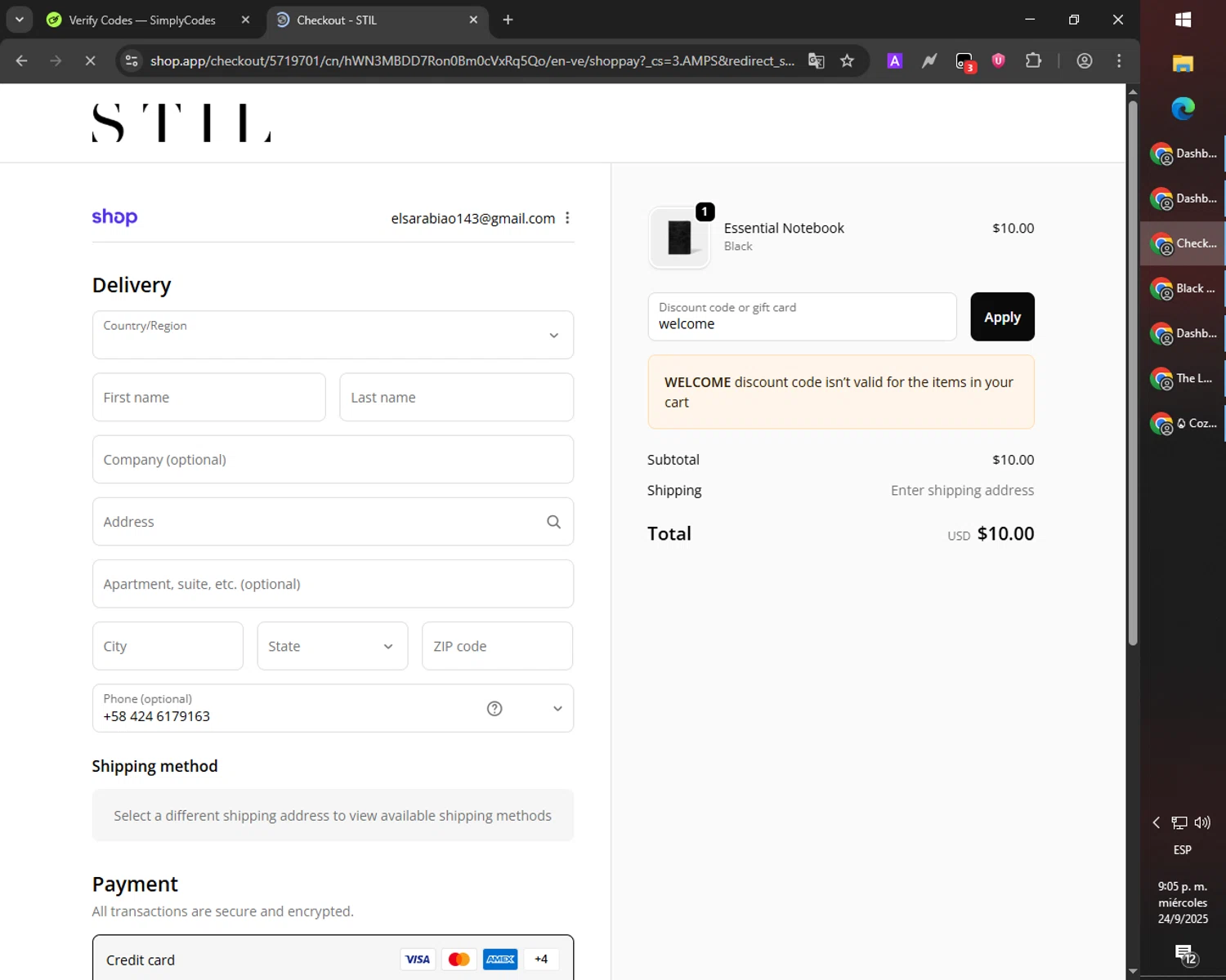 STIL Classics promo code screenshot showing code welcome applied at STIL Classics checkout page. Uploaded by SimplyCodes community member PromoScout8746 on Sep 24, 2025