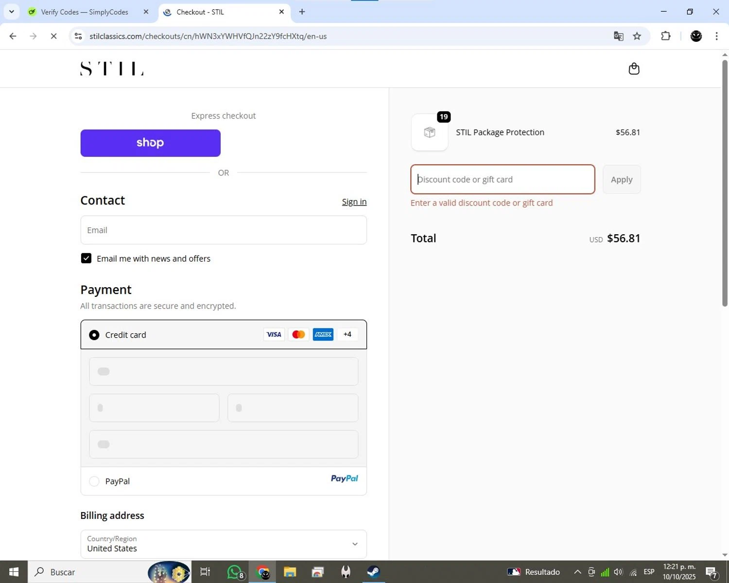 STIL Classics promo code screenshot showing code EMAIL15 applied at STIL Classics checkout page. Uploaded by SimplyCodes community member SavingsHero5596 on Oct 10, 2025