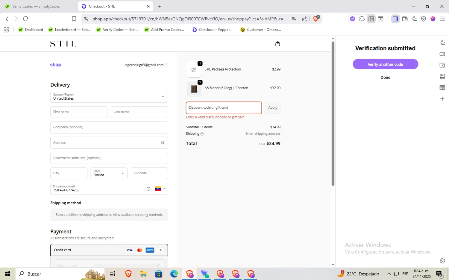 STIL Classics promo code screenshot showing code STILREVIEW applied at STIL Classics checkout page. Uploaded by SimplyCodes community member Rayyyyyy on Nov 24, 2025