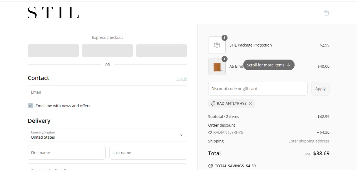 STIL Classics promo code screenshot showing code RADIANTLYRHYS applied at STIL Classics checkout page. Uploaded by SimplyCodes community member shark12 on Apr 12, 2025