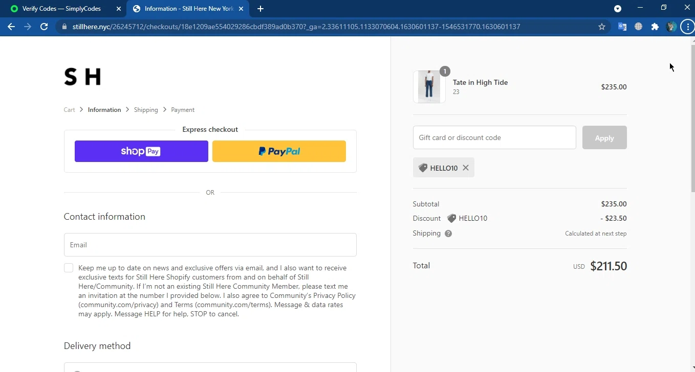 Still Here checkout page showing Still Here discount code box | Screenshot taken by SimplyCodes community member on Sep 2, 2021