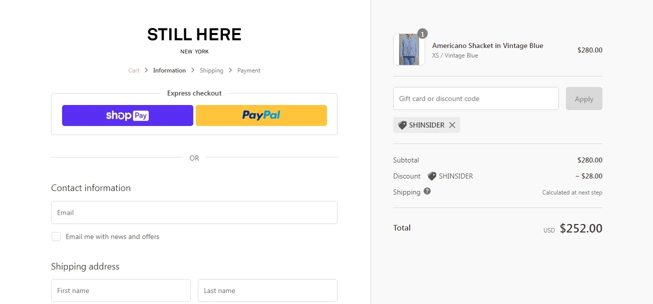 Still Here checkout page showing Still Here discount code box | Screenshot taken by SimplyCodes community member on May 10, 2022
