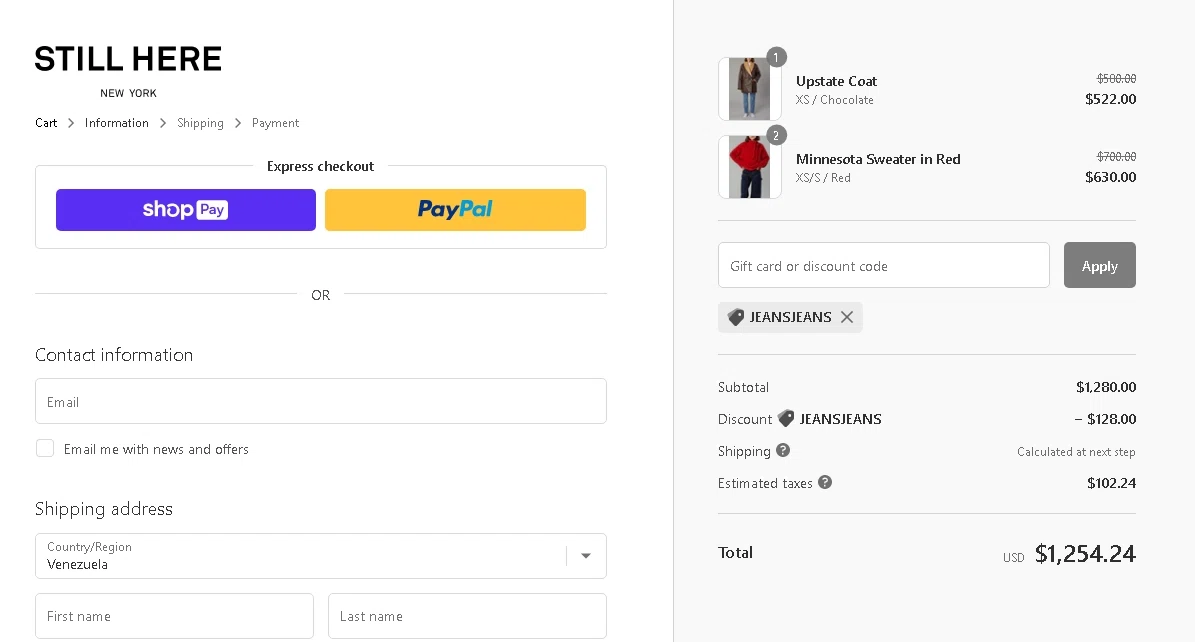 Still Here checkout page showing Still Here discount code box | Screenshot taken by SimplyCodes community member on Nov 1, 2022