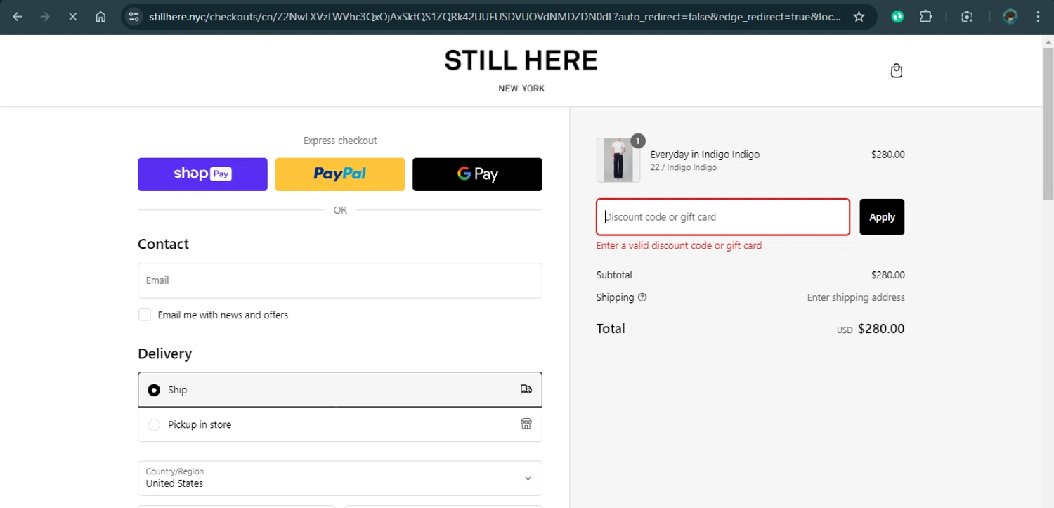 Still Here discount code screenshot showing code JEANSJEANS applied at Still Here checkout page. Uploaded by SimplyCodes community member xAngel on Feb 10, 2025