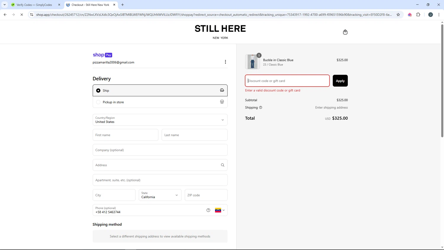 Still Here discount code screenshot showing code GOTJEANS applied at Still Here checkout page. Uploaded by SimplyCodes community member AVATIGRITO on Mar 20, 2025
