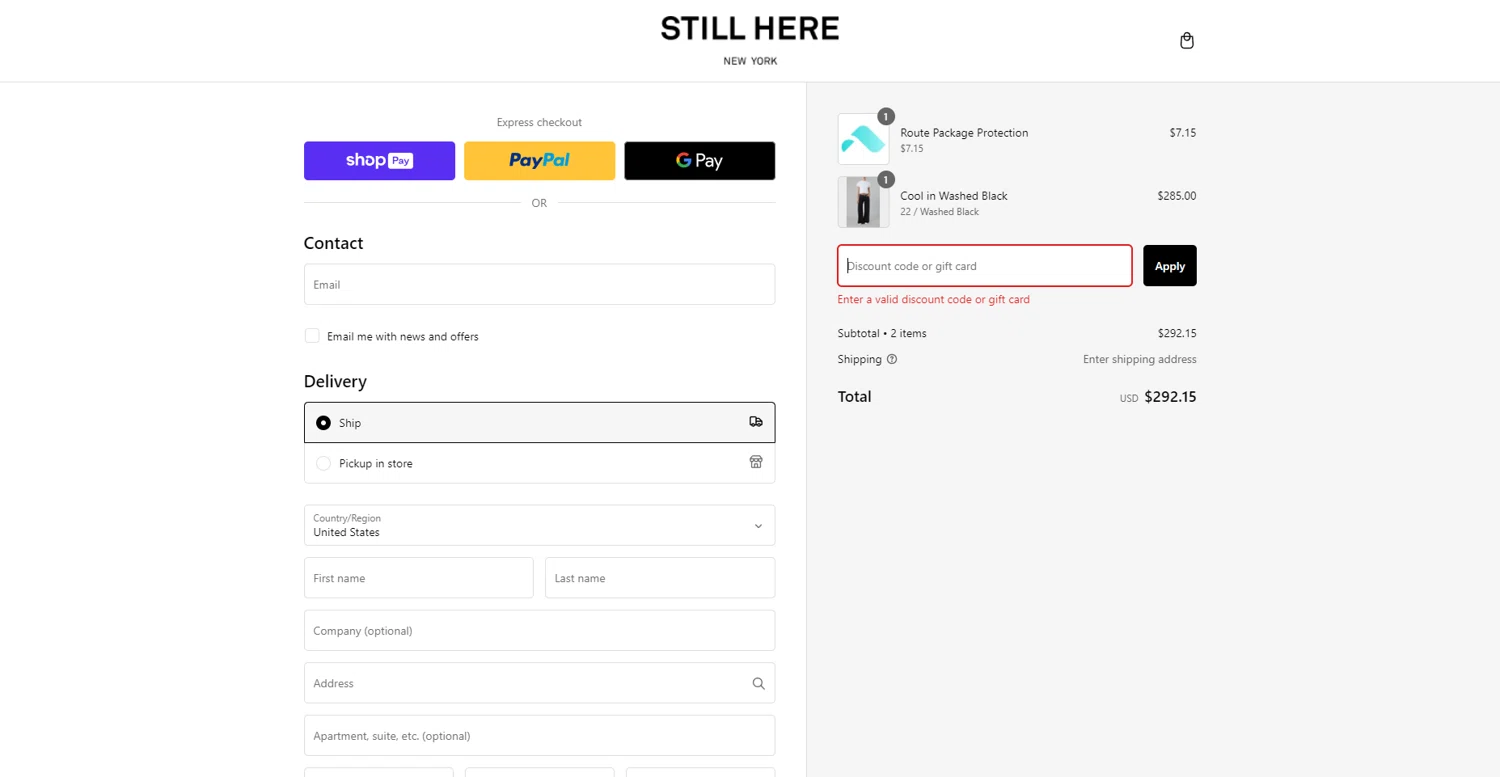 Still Here discount code screenshot showing code GOTJEANS applied at Still Here checkout page. Uploaded by SimplyCodes community member DealScout769 on Jan 25, 2025