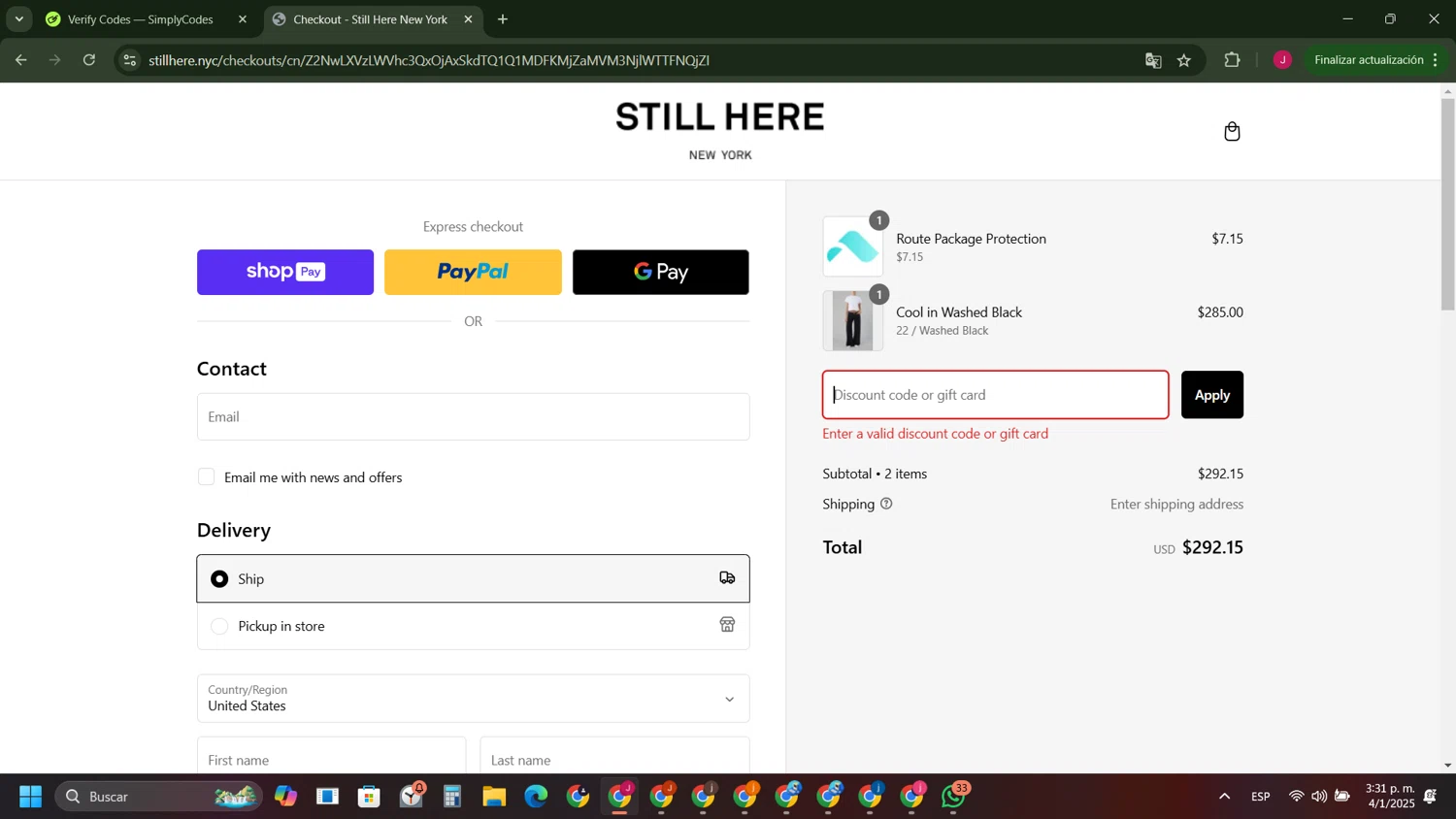 Still Here discount code screenshot showing code DENIMHEAD applied at Still Here checkout page. Uploaded by SimplyCodes community member FrugalFinder745 on Jan 4, 2025