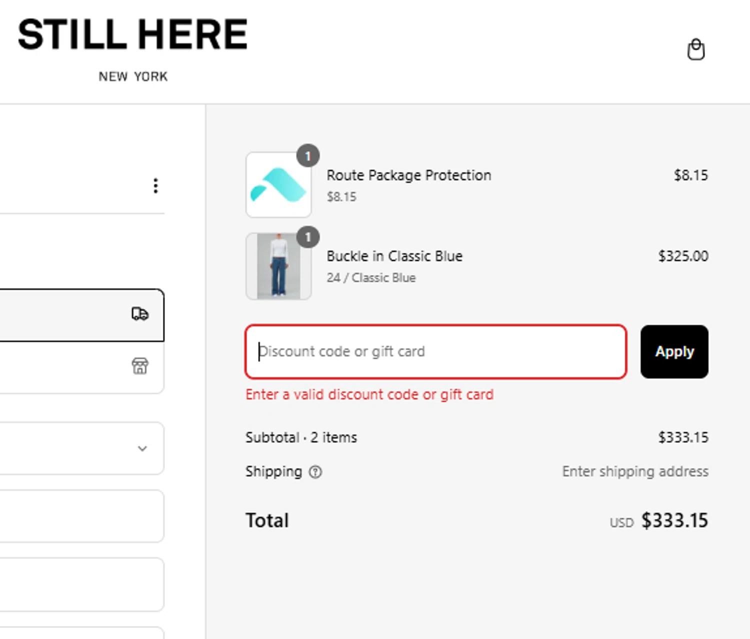 Still Here discount code screenshot showing code DENIMHEAD applied at Still Here checkout page. Uploaded by SimplyCodes community member toti2222 on Mar 4, 2025
