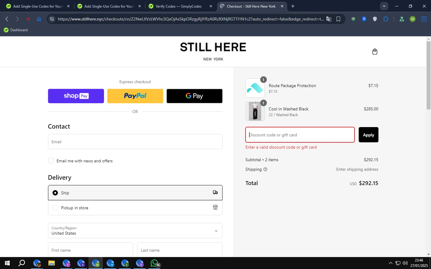 Still Here discount code screenshot showing code DENIMHEAD applied at Still Here checkout page. Uploaded by SimplyCodes community member papafrita on Jan 28, 2025