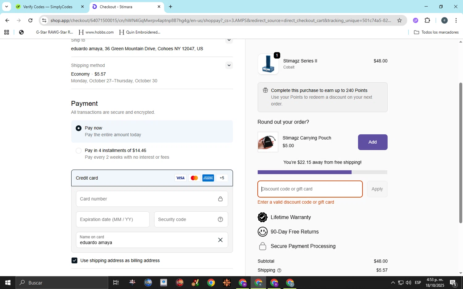 Stimagz discount code screenshot showing code FIRST-TIME-20 applied at Stimagz checkout page. Uploaded by SimplyCodes community member jose05elfrikia847 on Oct 18, 2025