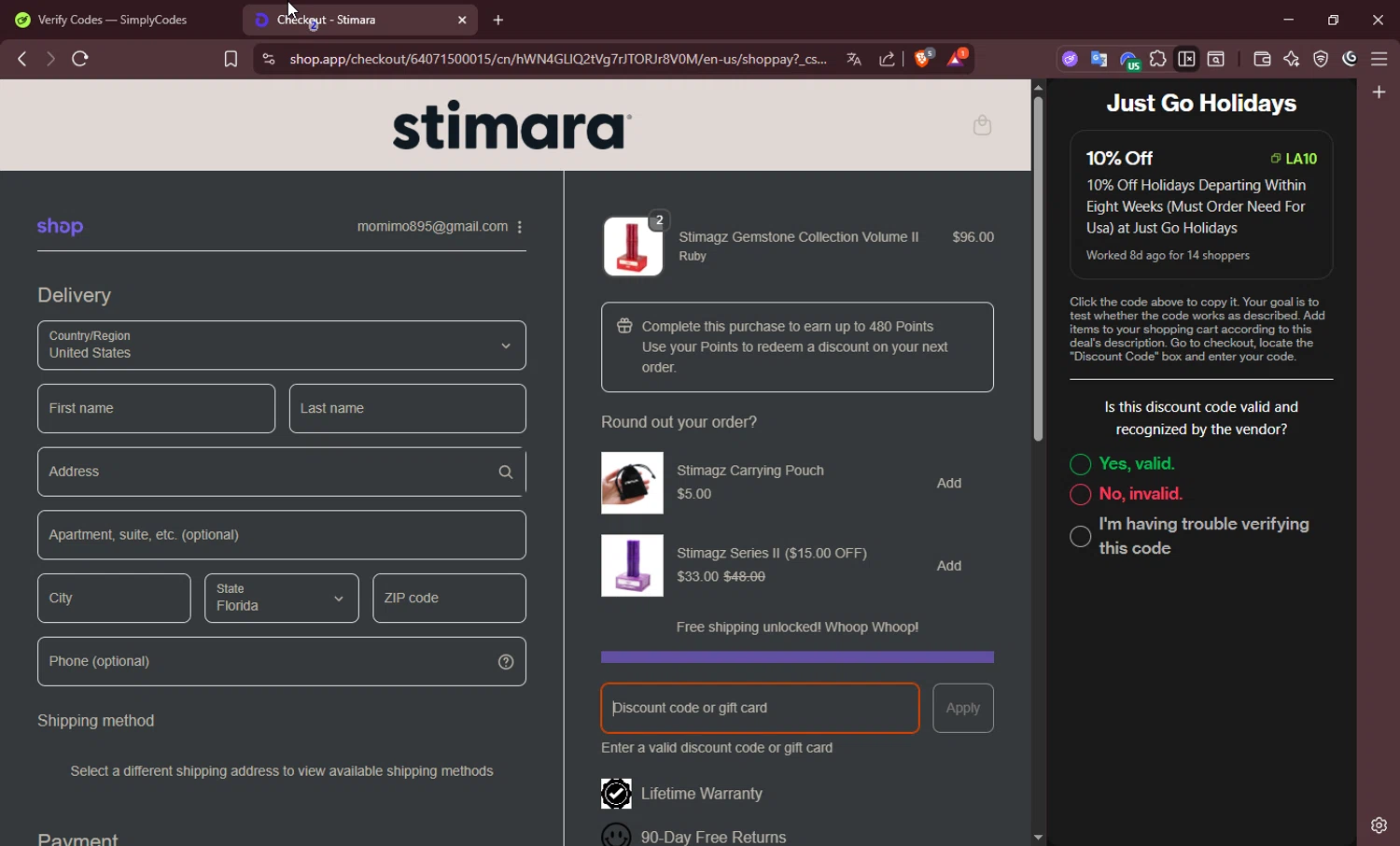 Stimagz discount code screenshot showing code FIRST-TIME-20 applied at Stimagz checkout page. Uploaded by SimplyCodes community member josetf27 on Oct 18, 2025