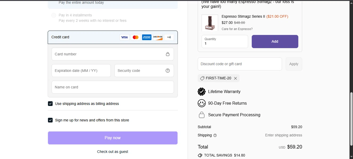 Stimagz discount code screenshot showing code FIRST-TIME-20 applied at Stimagz checkout page. Uploaded by SimplyCodes community member noworries on Jul 31, 2025
