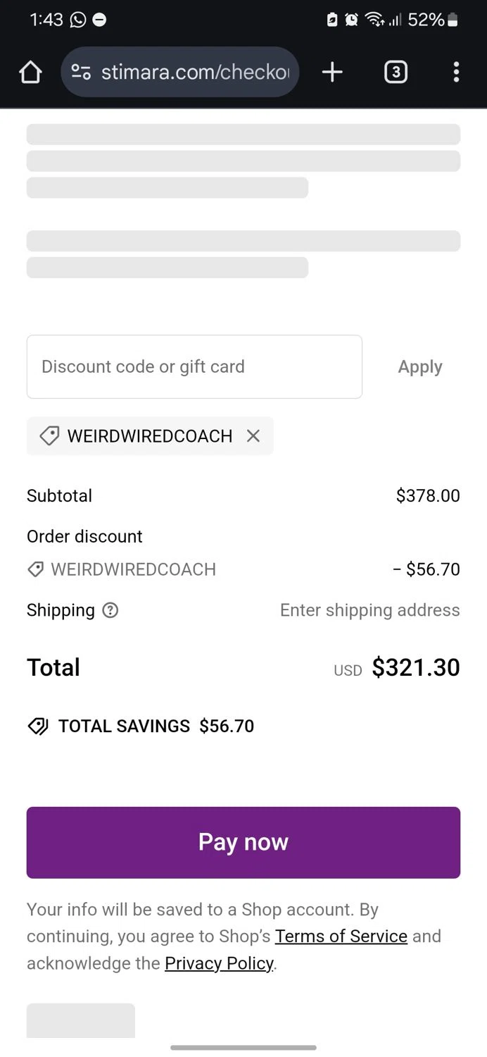 Stimagz discount code screenshot showing code WEIRDWIREDCOACH applied at Stimagz checkout page. Uploaded by SimplyCodes community member usenamee on Feb 16, 2025