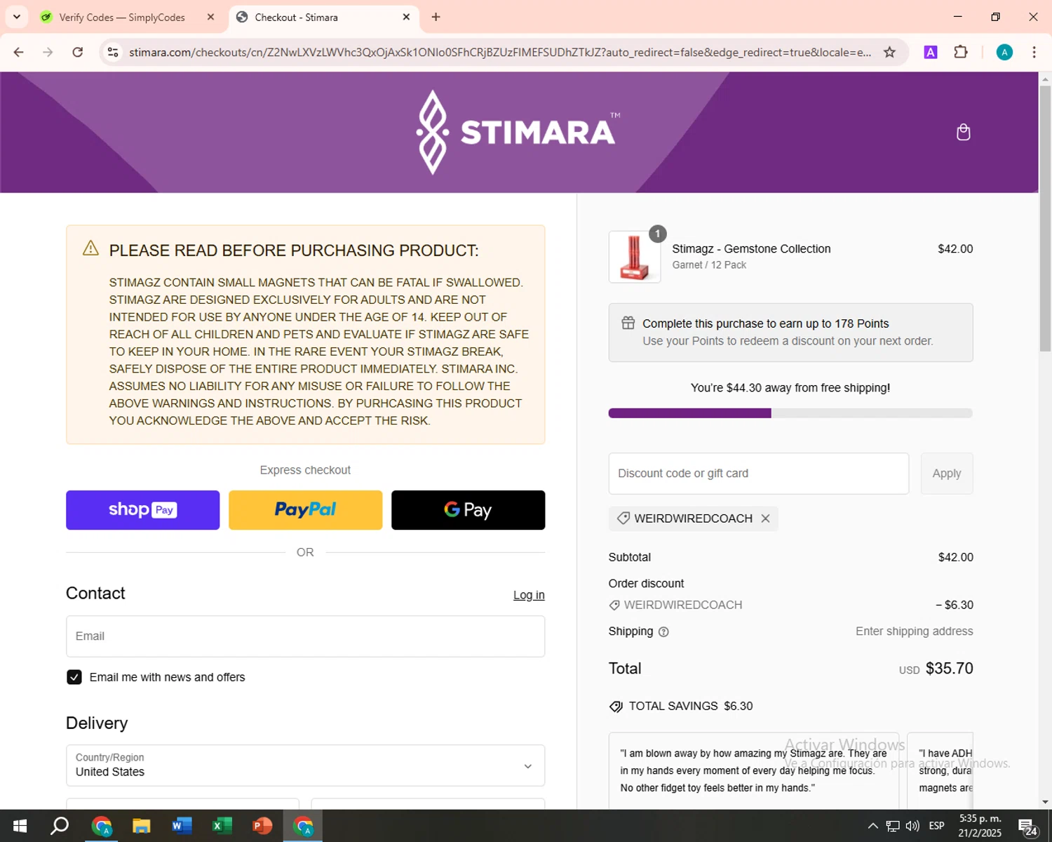 Stimagz discount code screenshot showing code WEIRDWIREDCOACH applied at Stimagz checkout page. Uploaded by SimplyCodes community member FortunateSentinel9389 on Feb 21, 2025