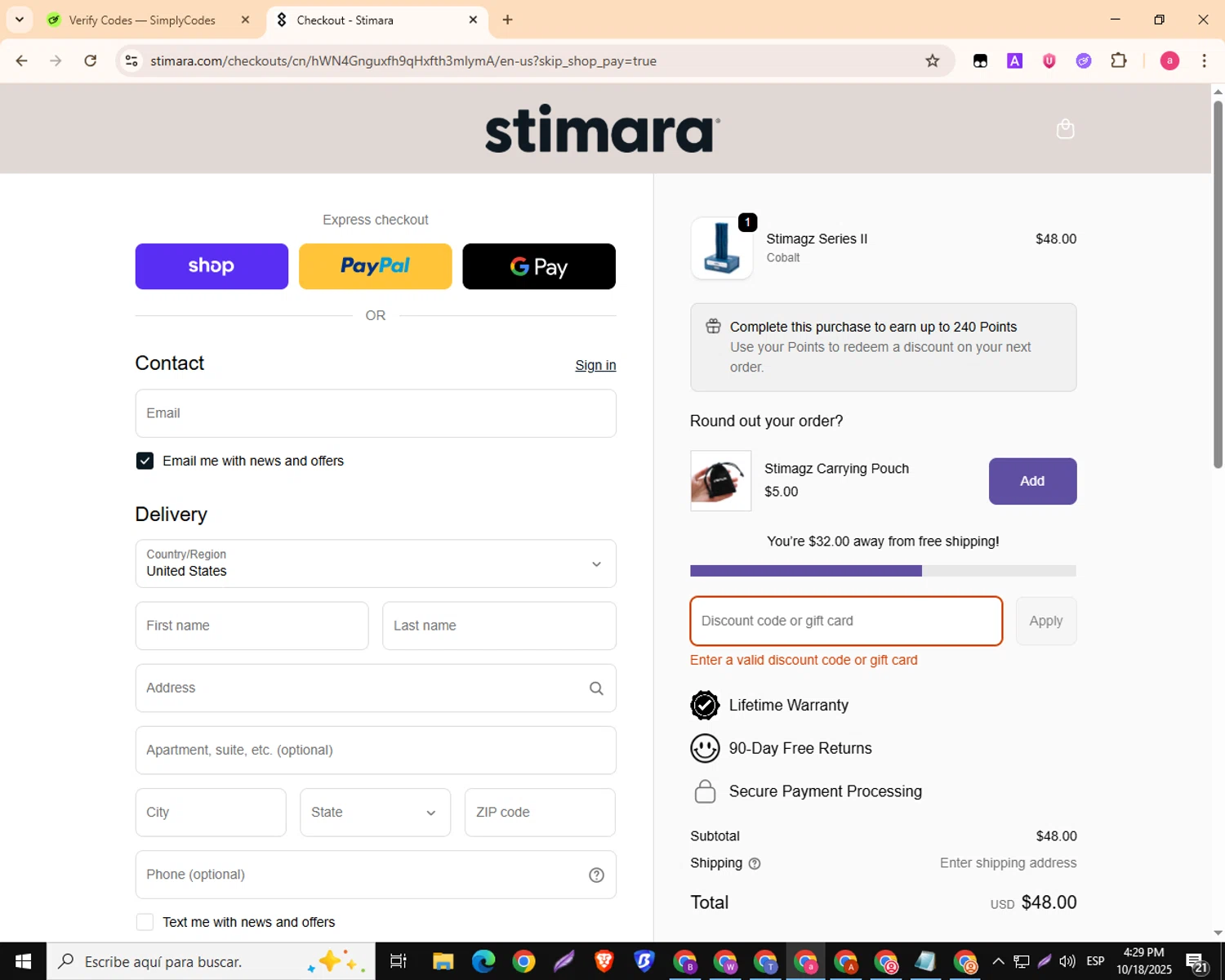 Stimagz discount code screenshot showing code COFFEE applied at Stimagz checkout page. Uploaded by SimplyCodes community member MagnificentKnight3359 on Oct 18, 2025