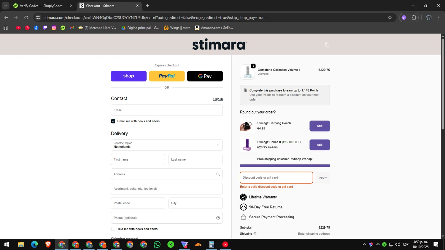 Stimagz discount code screenshot showing code COFFEE applied at Stimagz checkout page. Uploaded by SimplyCodes community member RoyalAdmiral1682 on Oct 18, 2025