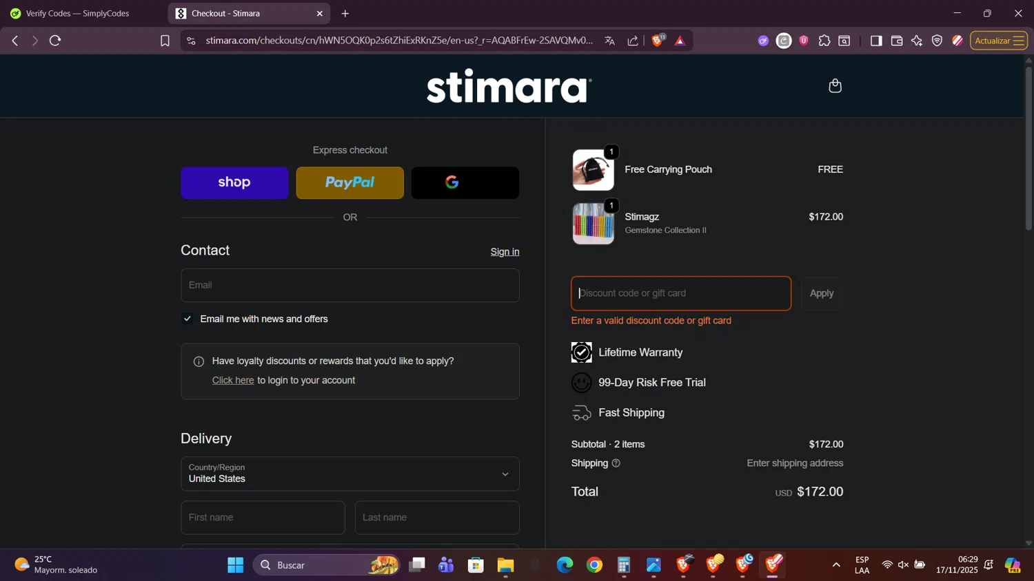 Stimagz discount code screenshot showing code HOWTOADHD applied at Stimagz checkout page. Uploaded by SimplyCodes community member FortunateRanger1171 on Nov 17, 2025