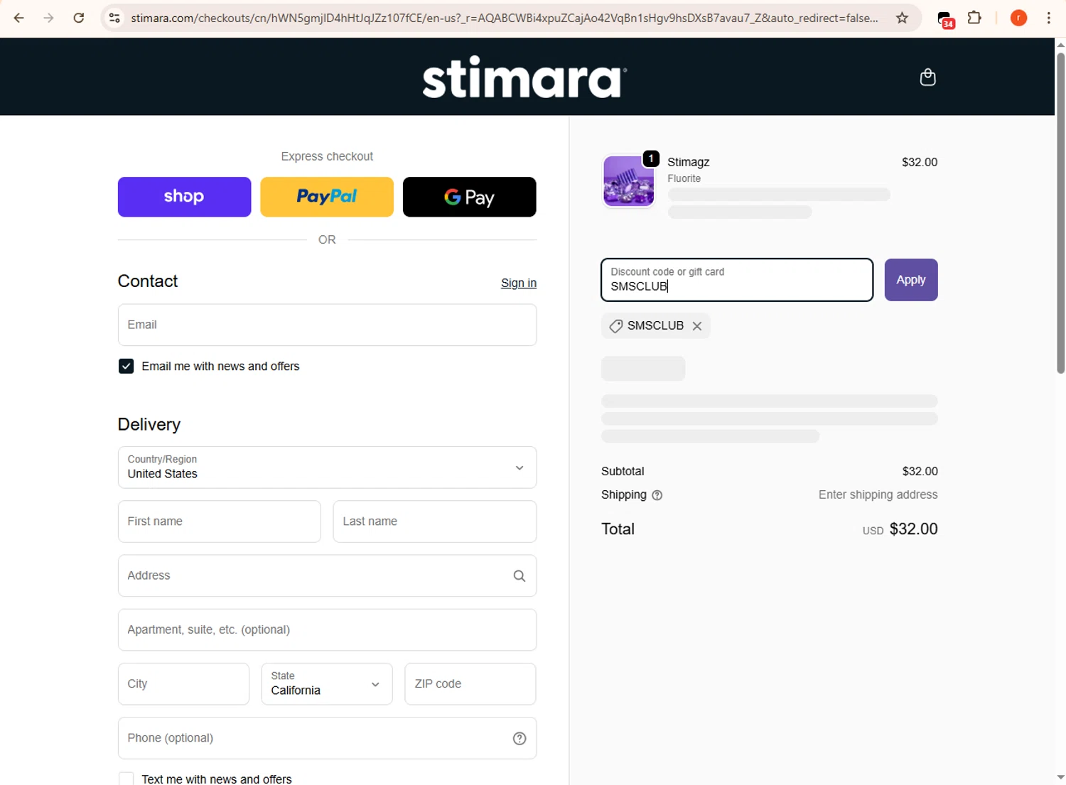 Stimagz discount code screenshot showing code SMSCLUB applied at Stimagz checkout page. Uploaded by SimplyCodes community member CashMaverick1144 on Nov 25, 2025