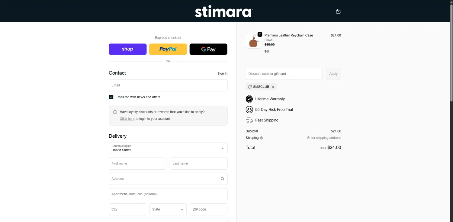 Stimagz discount code screenshot showing code SMSCLUB applied at Stimagz checkout page. Uploaded by SimplyCodes community member ShrewdFox9008 on Dec 28, 2025