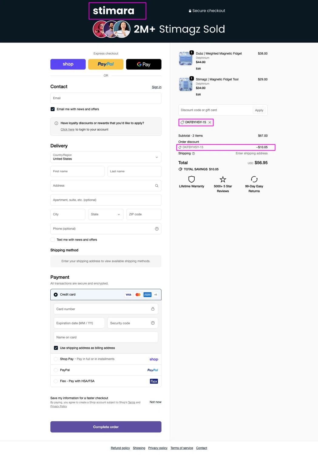Stimagz promo code screenshot showing code DKFBYHSY-15 applied at Stimagz checkout page. Uploaded by SimplyCodes community member chandlerbing on May 7, 2026