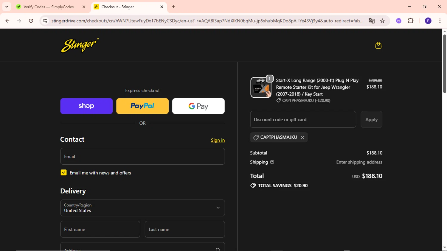 Stinger promo code screenshot showing code CaptPhasmajku applied at Stinger checkout page. Uploaded by SimplyCodes community member MightyCaptain635 on Jan 11, 2026