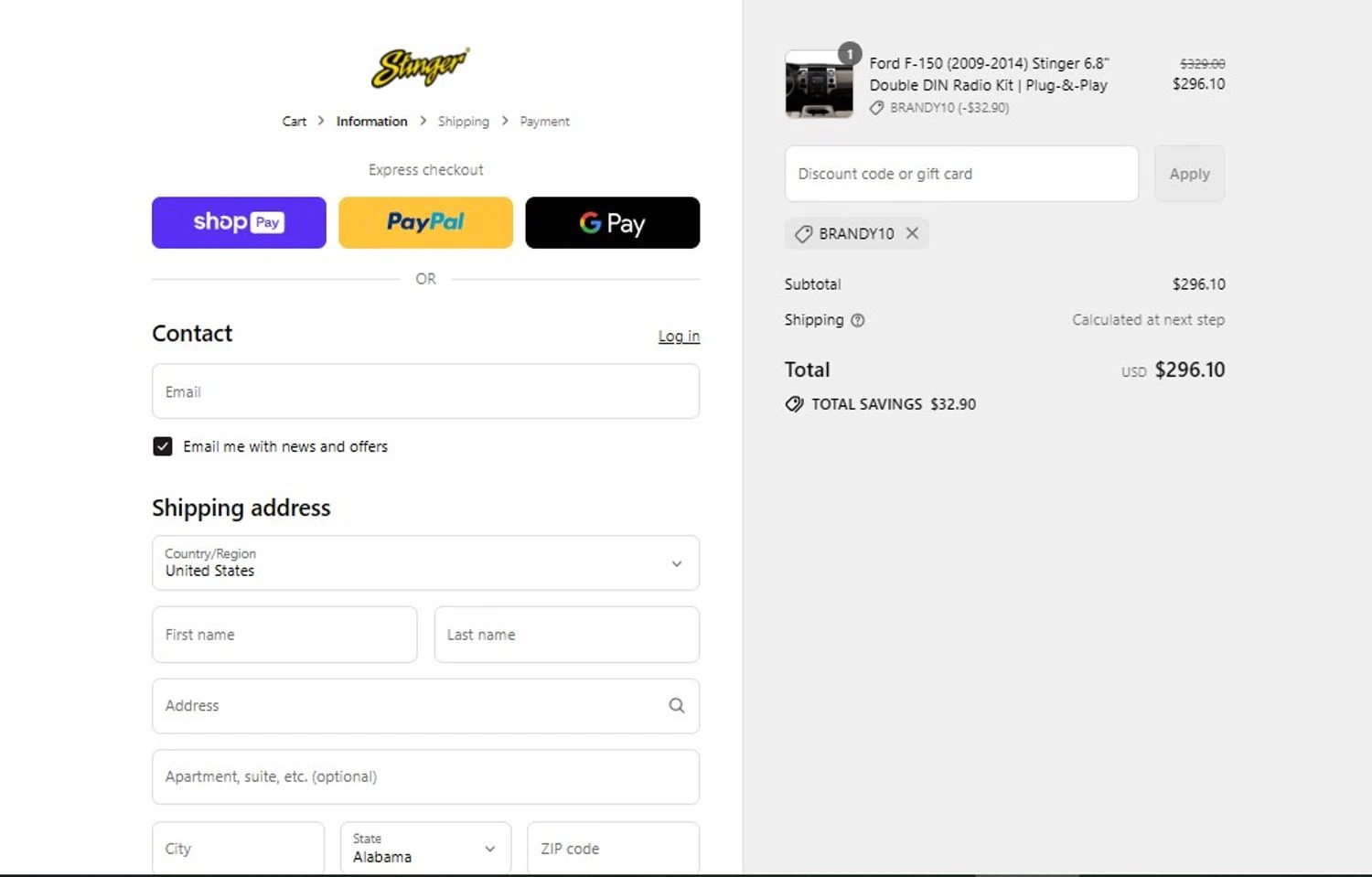Stinger discount code screenshot showing code BRANDY10 applied at Stinger checkout page. Uploaded by SimplyCodes community member CoinScholar3615 on Jul 27, 2025