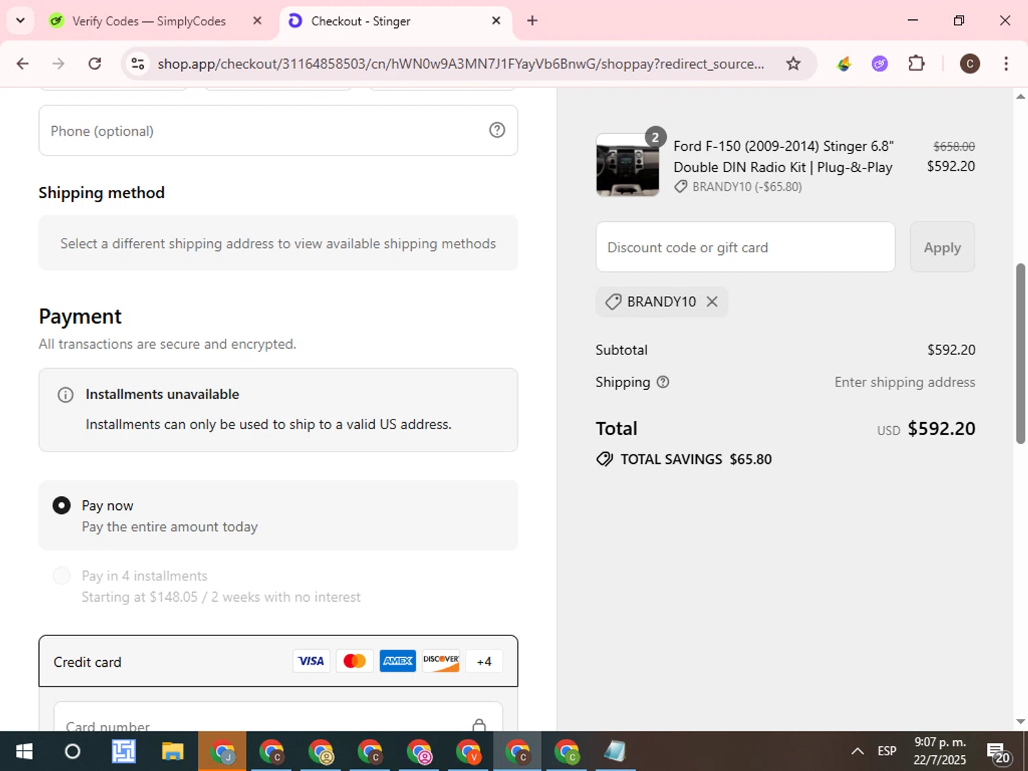 Stinger discount code screenshot showing code BRANDY10 applied at Stinger checkout page. Uploaded by SimplyCodes community member WonderCurator7831 on Jul 23, 2025