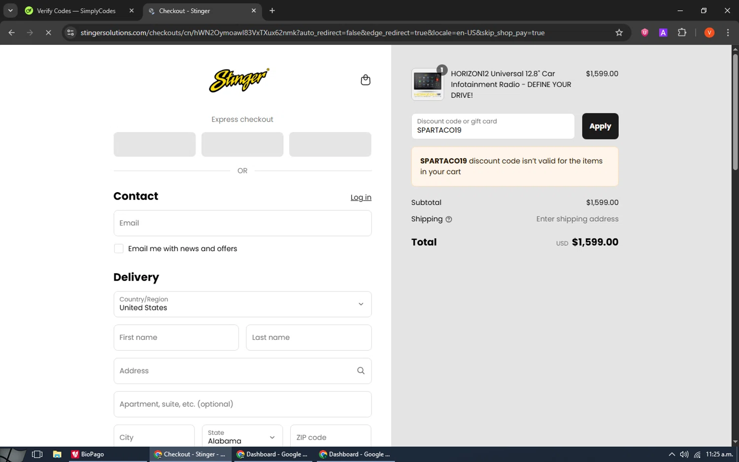 Stinger discount code screenshot showing code SPARTACO19 applied at Stinger checkout page. Uploaded by SimplyCodes community member SavingsCaptain8190 on Aug 30, 2025