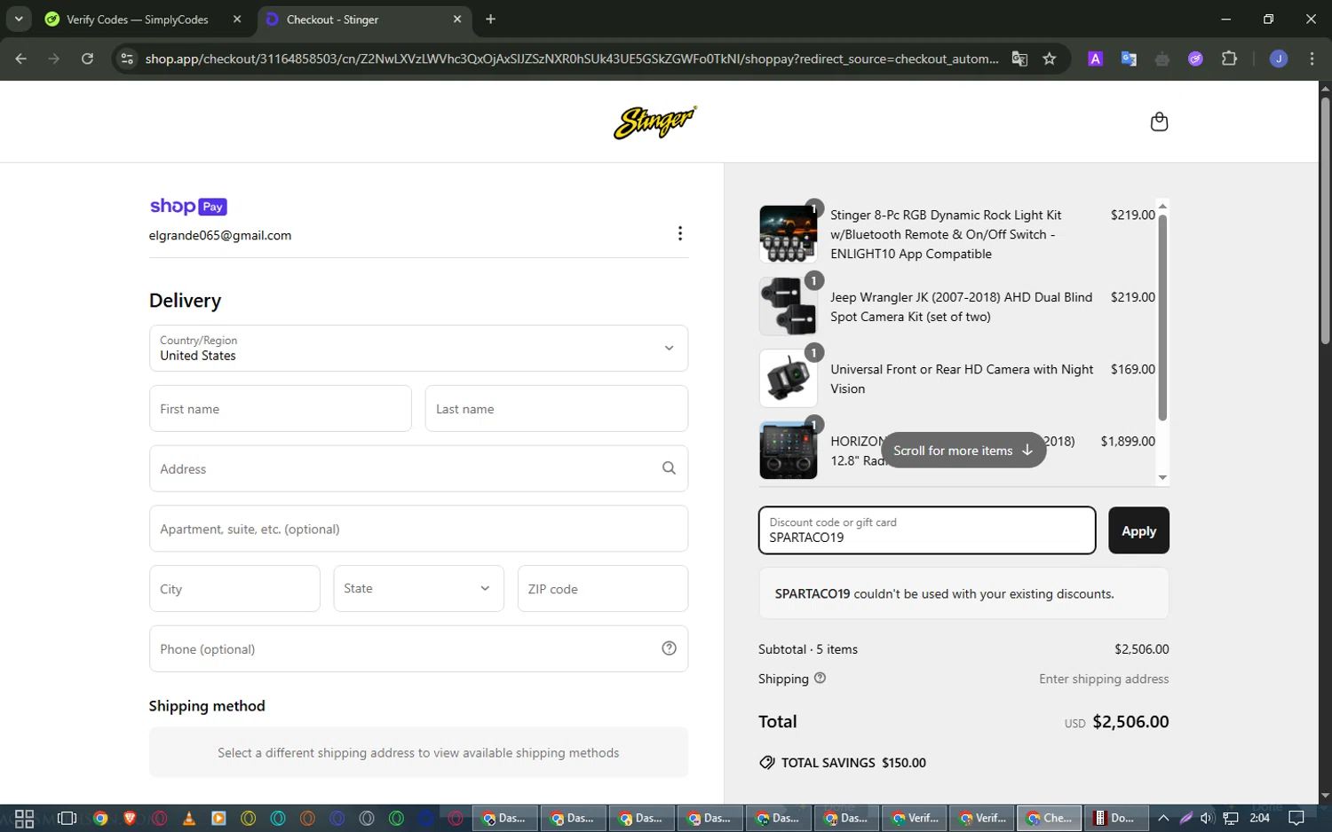 Stinger discount code screenshot showing code SPARTACO19 applied at Stinger checkout page. Uploaded by SimplyCodes community member BargainCurator1325 on Apr 16, 2025