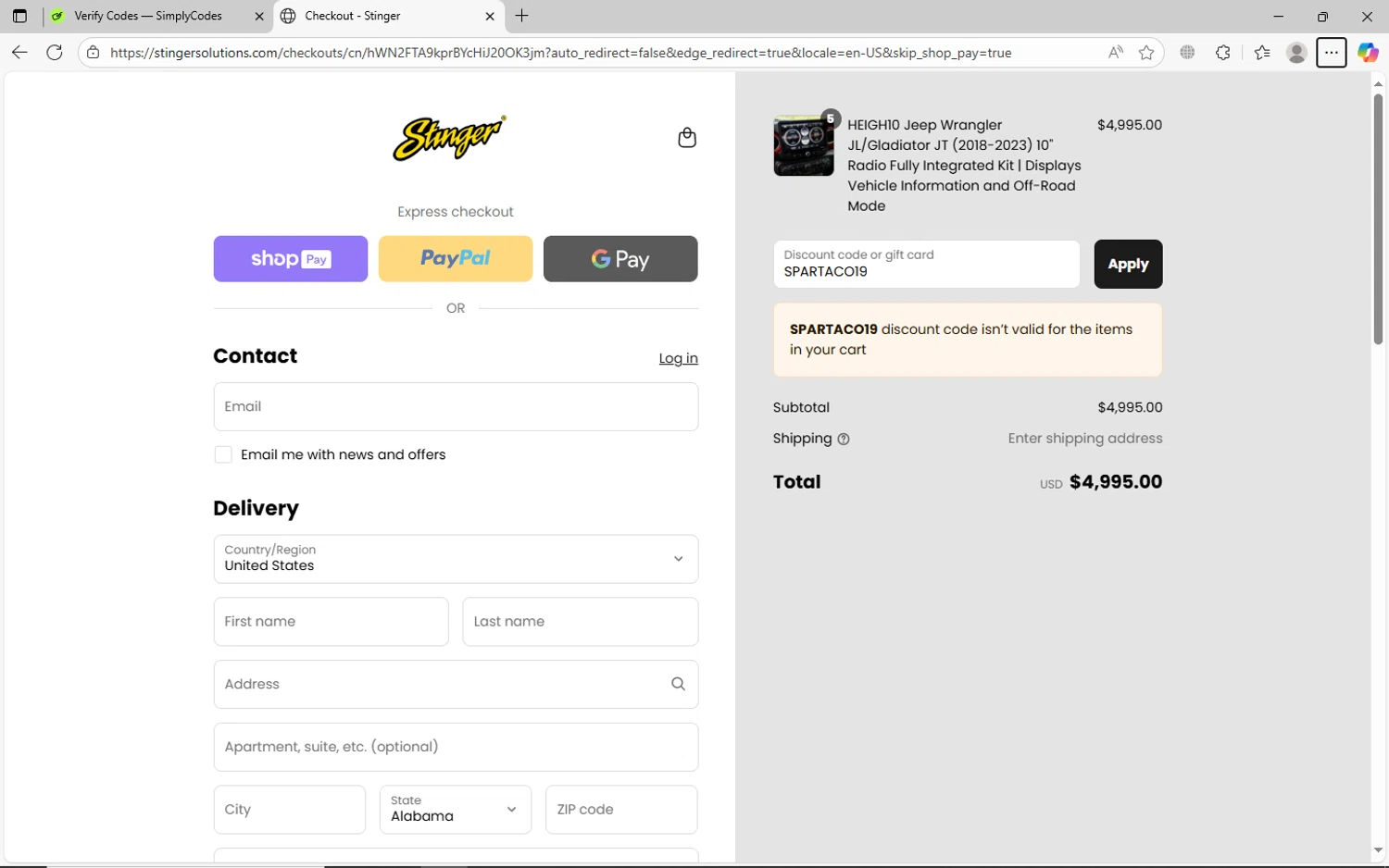 Stinger discount code screenshot showing code SPARTACO19 applied at Stinger checkout page. Uploaded by SimplyCodes community member jechtff10 on Aug 26, 2025