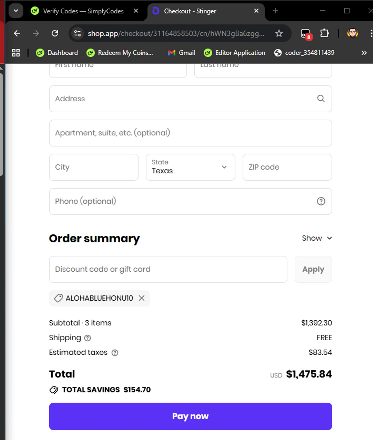 Stinger discount code screenshot showing code ALOHABLUEHONU10 applied at Stinger checkout page. Uploaded by SimplyCodes community member ArizaJuan on Oct 3, 2025