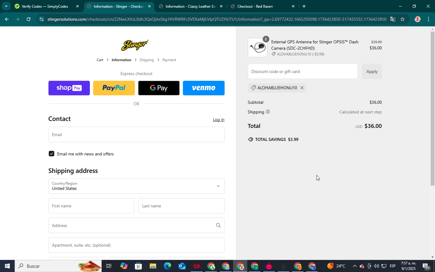 Stinger discount code screenshot showing code ALOHABLUEHONU10 applied at Stinger checkout page. Uploaded by SimplyCodes community member jenifer on Jan 9, 2025