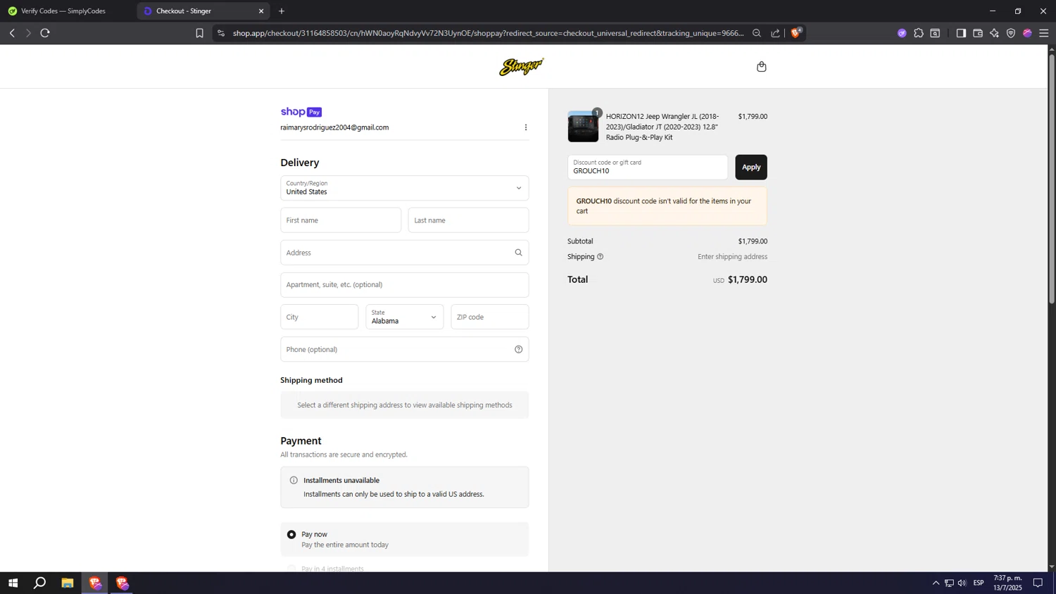 Stinger discount code screenshot showing code GROUCH10 applied at Stinger checkout page. Uploaded by SimplyCodes community member Machi005 on Jul 13, 2025