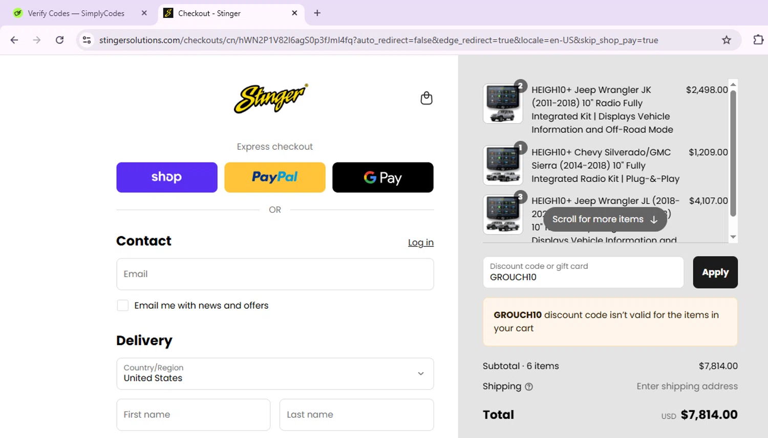 Stinger discount code screenshot showing code GROUCH10 applied at Stinger checkout page. Uploaded by SimplyCodes community member Morketools on Aug 30, 2025