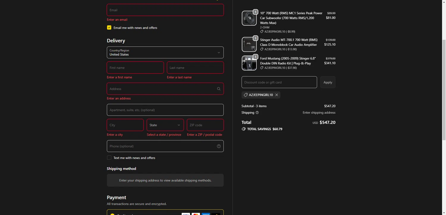 Stinger checkout page showing Stinger discount code box | Screenshot taken by SimplyCodes community member on Feb 14, 2026